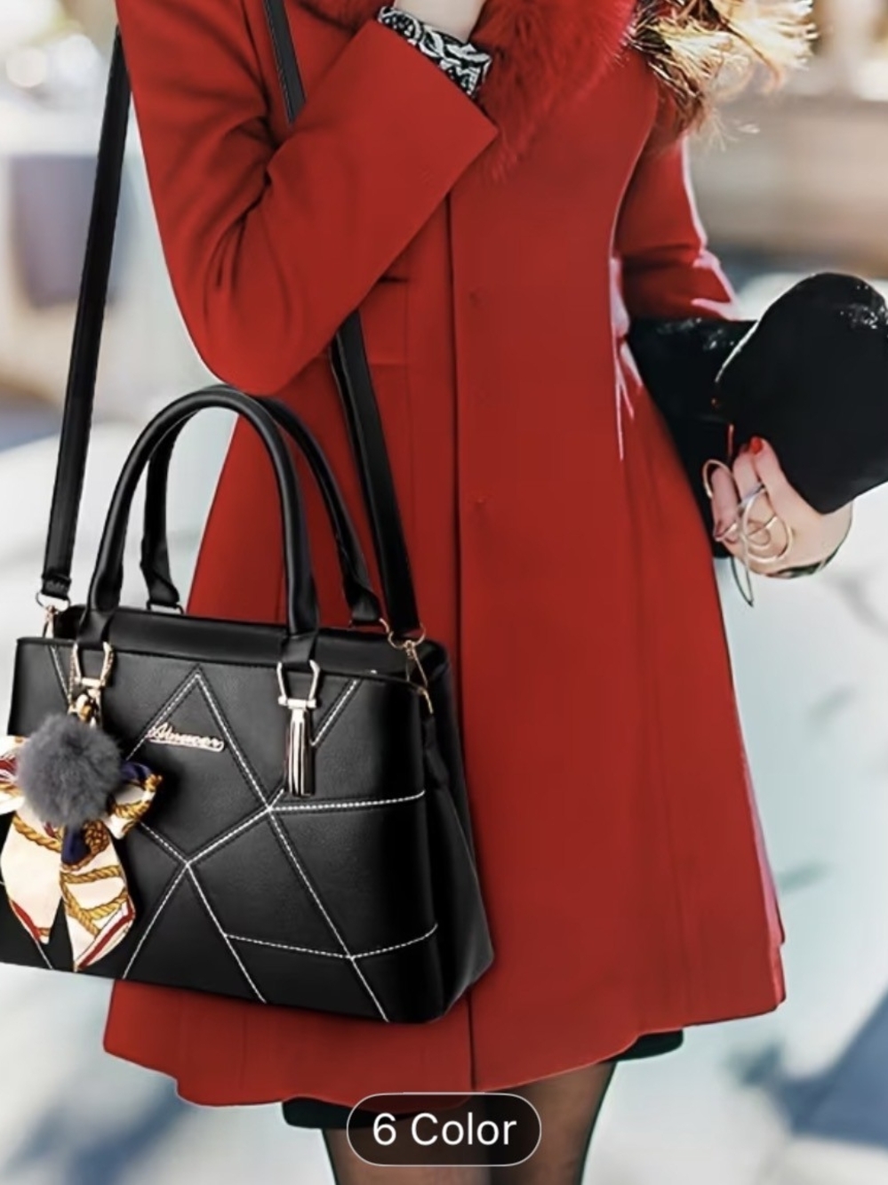 Women’s Black Quilted Satchel with Scarf Charm